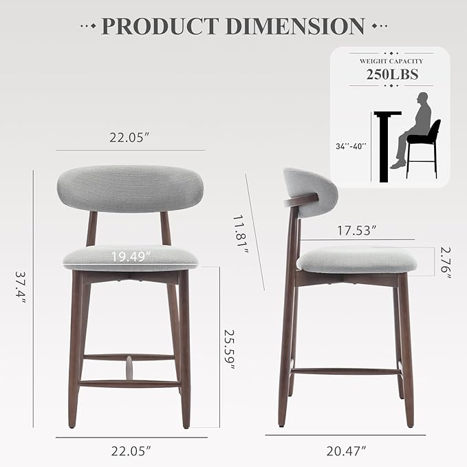 COLAMY Wood Bar Stools, Counter Height BarStools, Mid Century Modern Stools with Back, 25 Inch Upholstered Wooden for Kitchen Island Dining Room, Light Grey
