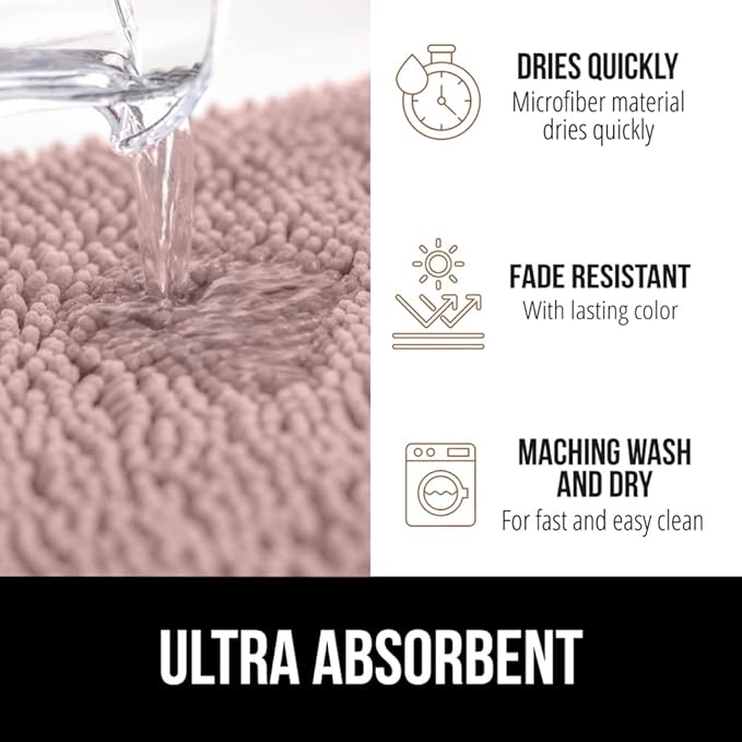 GORILLA GRIP Bath Rug Mat 30x20, Soft Absorbent Chenille, Quick Dry Microfiber Mats, Rubber Backing Washable Shower Floor Rugs, Bathmat Runner, US Designed Bathroom Home Decor Accessories Dusty Rose