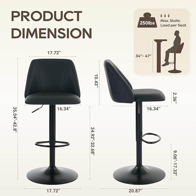 COLAMY Bar Stools Set of 2, Modern Swivel Bar Chairs, Adjustable PU Leather Upholstered Barstools Counter Height with Full Backrest for Bar, Dining Room, Kitchen Island, Black