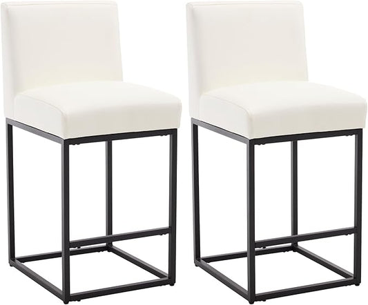 VESCASA Faux Leather 27 inches Counter Height Bar Stools with Padded Back, Modern Upholstered Counter Stool Chairs with Black Metal Frame for Kitchen Island, Set of 2, White
