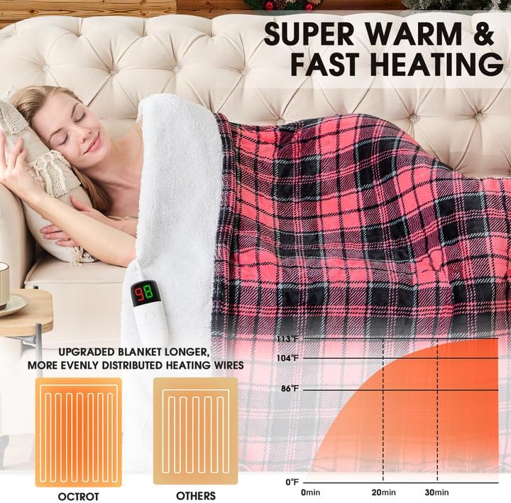 Pink Heated Blanket Electric Full Size,72X84 Heating Blanket with 10 Heats Levels&8 Hours Auto Off&Timer,Plaid Soft Sherpa Pink Blankets Warmer Gift for Grandma Women Adult,Fast Heating Washable,ETL