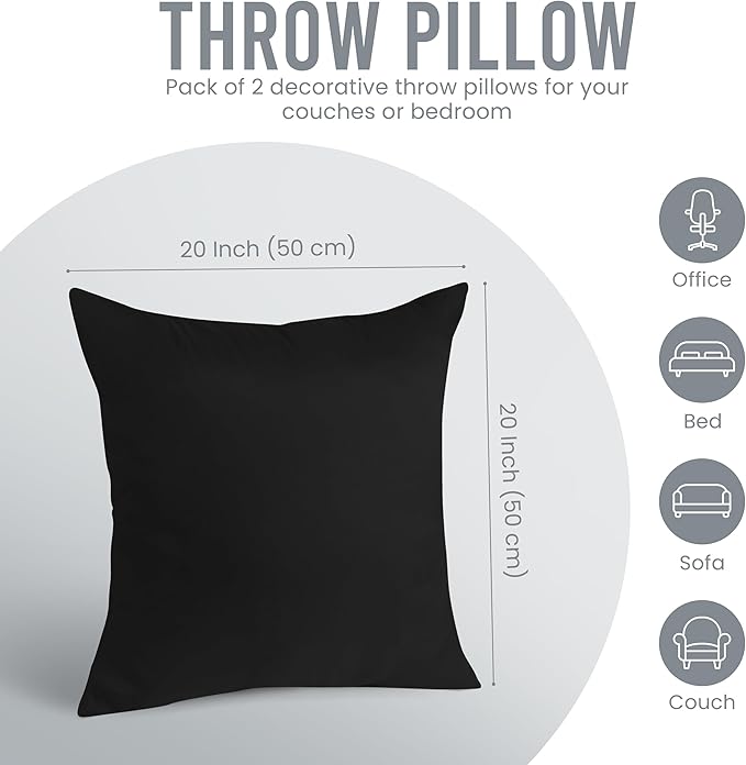 Utopia Bedding Throw Pillows Insert (Pack of 2, Black) - 20 x 20 Inches Bed and Couch Pillows - Indoor Decorative Pillow