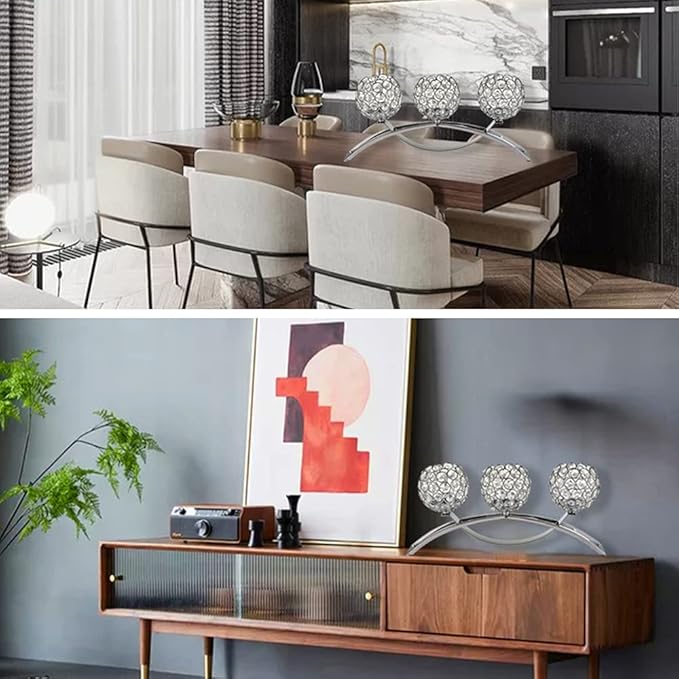 Crystal Candle Holders, 3 Arms Crystal Candelabras, Coffee Table Decorative Centerpieces for Living Room,Dinning Room Christmas Decoration, Wedding Decor,Home Decor,Wedding Gifts(Silver)