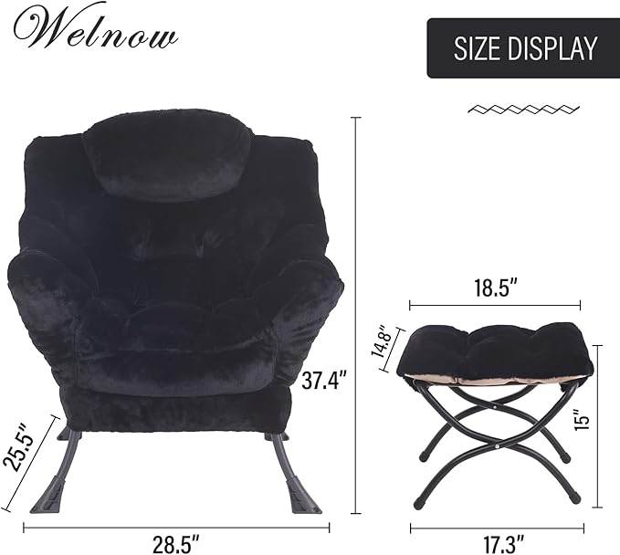 Welnow Lazy Chair with Ottoman, Modern Lounge Accent Chair with Armrests and a Side Pocket, Leisure Sofa Armchair, Reading Armchair with Footrest for Small Space, Plush Black
