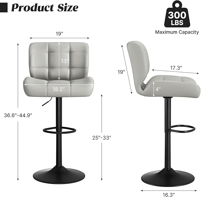 Modern Bar Stools Set of 5, Faux Leather Upholstered Swivel Bar Stools, Adjustable Counter Height Bar Chairs with High Back and Footrest for Kitchen Island (Light Grey)