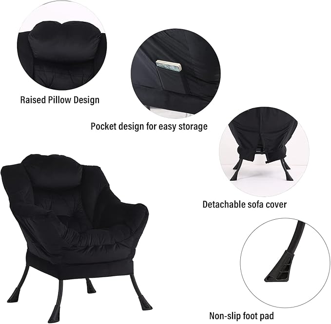 Welnow Lazy Chair with Ottoman, Modern Lounge Accent Chair with Armrests and a Side Pocket, Leisure Sofa Armchair, Reading Armchair with Footrest for Small Space, Black