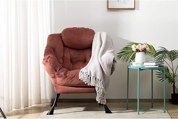 HollyHOME Modern Fabric Large Lazy Chair, Accent Oversized Comfy Reading Chair, Thick Padded Cozy Lounge Chair with Armrest, Steel Frame Leisure Sofa Chair for Living Room, Bedroom, Dorm, Dusty Rose