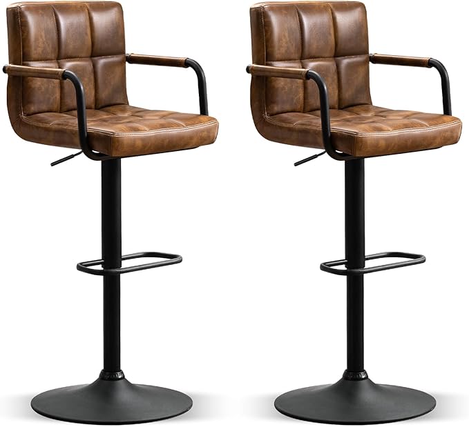 Furniliving Bar Stools Set of 2 with Back, Modern Square PU Leather Kitchen Stools with Armrest, Adjustable Counter Height Barstools for Kitchen Bar Pub Cafe (Yellowbrown)