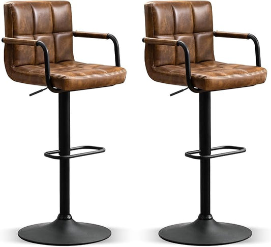 Furniliving Bar Stools Set of 2 with Back, Modern Square PU Leather Kitchen Stools with Armrest, Adjustable Counter Height Barstools for Kitchen Bar Pub Cafe (Yellowbrown)