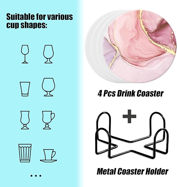 Drink Coasters Set of 4 with Holder Round Water Absorbent Pink Cute Marble Ceramic Coasters Tabletop Protection, Suitable for Various Mugs, Home Decor，Housewarming Gift, 4 Inch