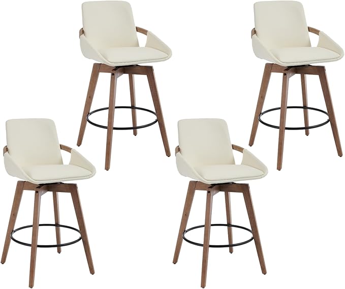 EALSON Swivel Counter Height Bar Stools Set of 4 Mid Century Modern Natural Wood Barstools with Back and Arms Comfortable Leather Upholstered Counter Stools Bar Chairs for Kitchen Island, Beige