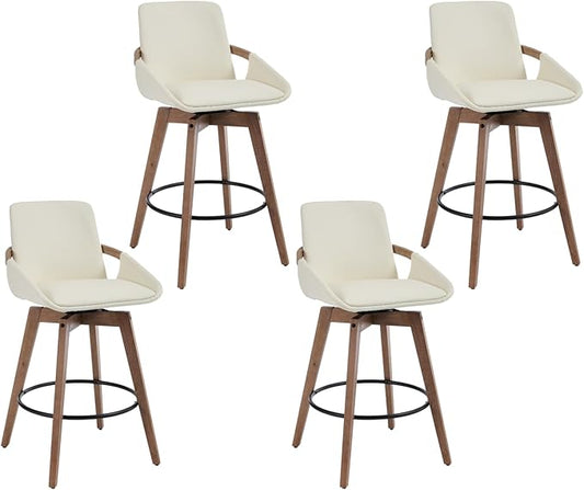 EALSON Swivel Counter Height Bar Stools Set of 4 Mid Century Modern Natural Wood Barstools with Back and Arms Comfortable Leather Upholstered Counter Stools Bar Chairs for Kitchen Island, Beige