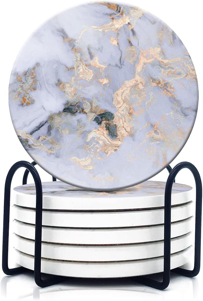 DOOKE Drink Coasters Set of 6, Round Absorbent Ceramic Stone Coasters with Cork Base, Funny Drink Coasters with Holder for Cold Drinks Wine Mugs and Cups, 4 Inch, Marble