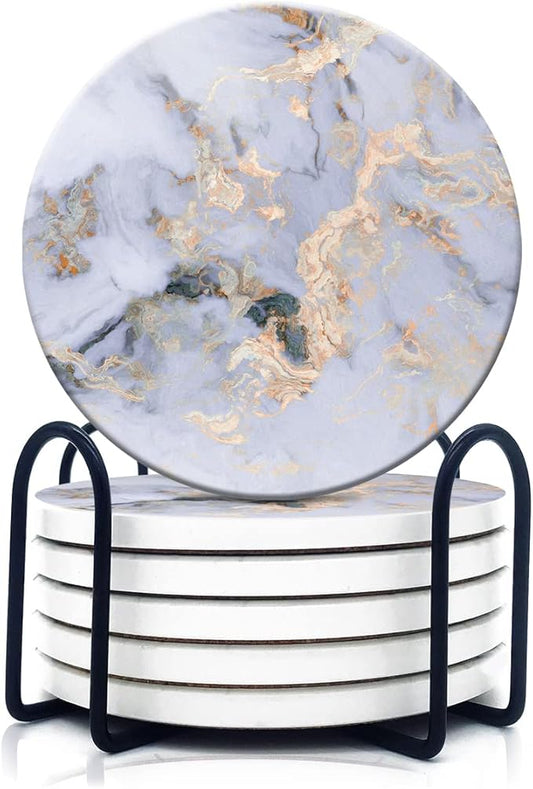 DOOKE Drink Coasters Set of 6, Round Absorbent Ceramic Stone Coasters with Cork Base, Funny Drink Coasters with Holder for Cold Drinks Wine Mugs and Cups, 4 Inch, Marble