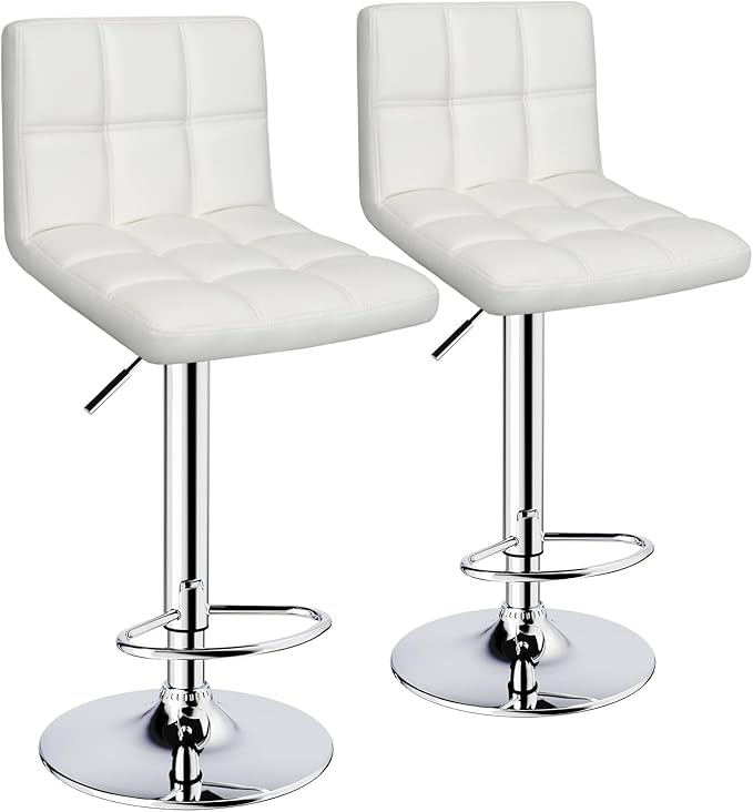 Bar Stools Set of 2,Armless Adjustable Swivel Barstools with Back,6-Squares Double Needle PU Leather Counter Height Bar Stools for Kitchen Island,White