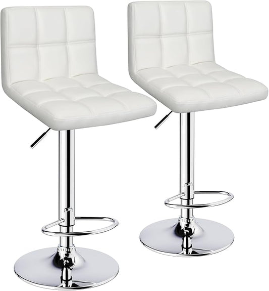 Bar Stools Set of 2,Armless Adjustable Swivel Barstools with Back,6-Squares Double Needle PU Leather Counter Height Bar Stools for Kitchen Island,White