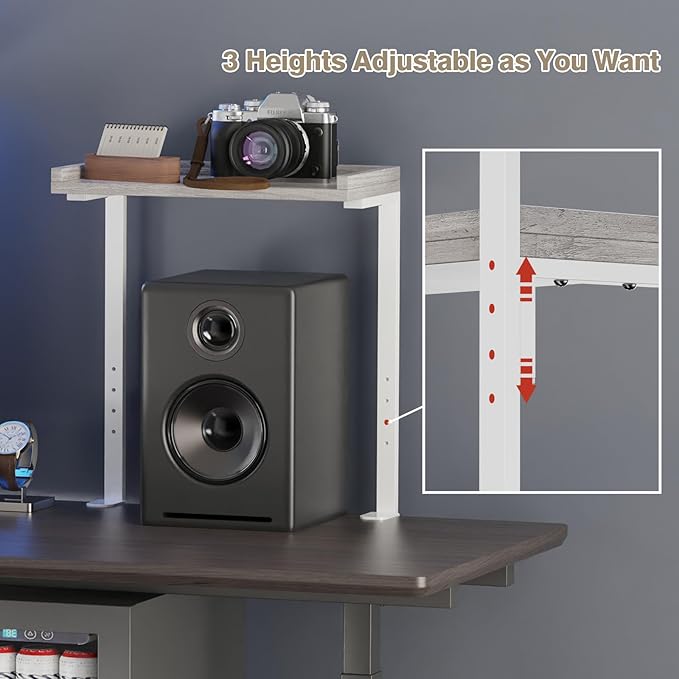 Clamp On Desk Shelf 2-Tier, 12.5 inch Wood Shelving Unit for Office Desk/Gaming Accessories, Tabletop Book Storage Rack, Shelf for Top & Under of Desk, Grey