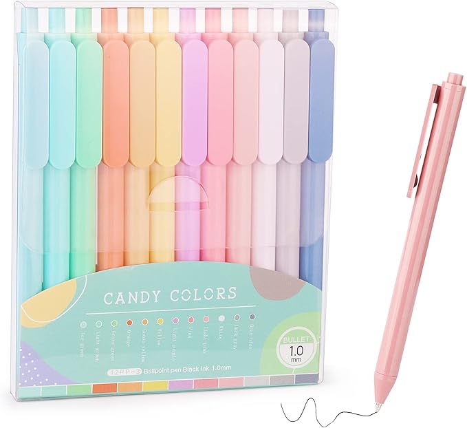 WY WENYUAN 12-Pcs Ballpoint Pens, Comfortable Writing, Pastel Retractable Pretty Journaling, Black Ink Medium Point 1.0 mm Gift, Cute Office Supplies for Women