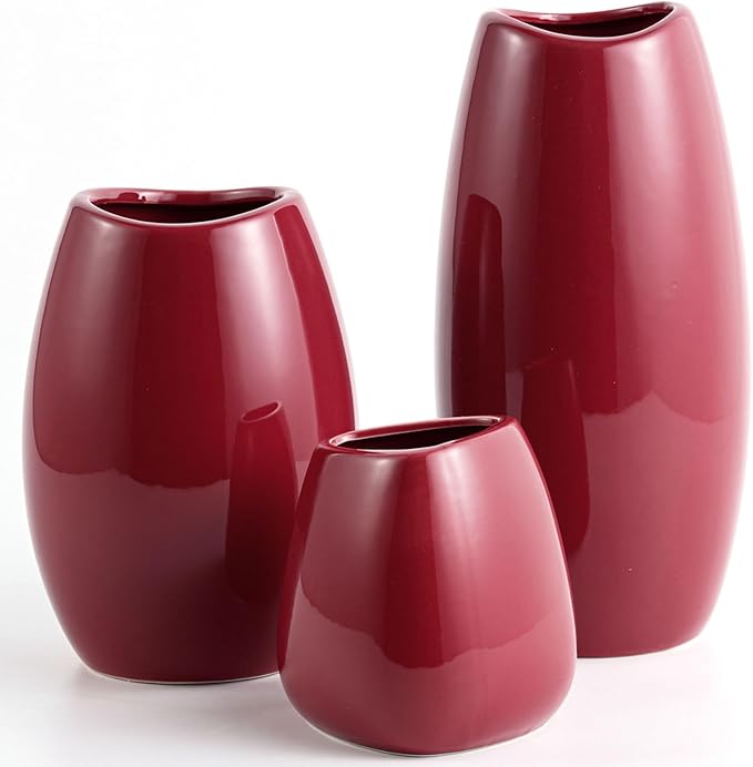 hjn Ceramic Vase Set of 3 Red Flower Vase for Home Decor, Modern Decorative Vase for Flowers Vases for Your Ideal Shelf Decor/Table/Living Room/Kitchen/Office-Red…