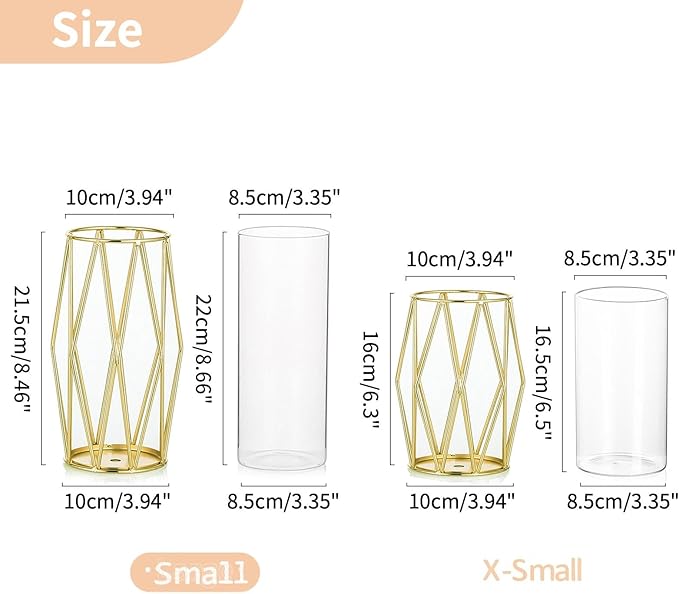 Nuptio Gold Pillar Candle Holder: Glass Hurricane Candles Holders with Geometric Metal Rack Stand for Wedding Birthday Party Centerpieces - Decorative Flower Vase for Office Living Room