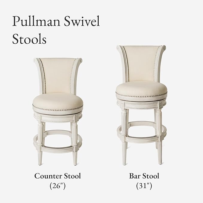 Maven Lane Pullman Counter Stool 26 Inches – Set of 2 – Swivel Stools with Footrest – Cream Solid Wood Frame & Natural Fabric Upholstery – Perfect for Kitchen Islands & Counters