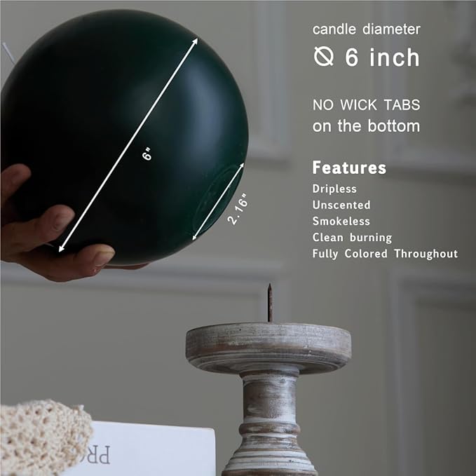 MOZEAL Hand-Poured, 6 Inch Dark Green Large Round Ball Candles - Elegant Dark Green Round Pillar Candles, Dripless, Unscented, Smokeless, Ideal for Christmas Decor.