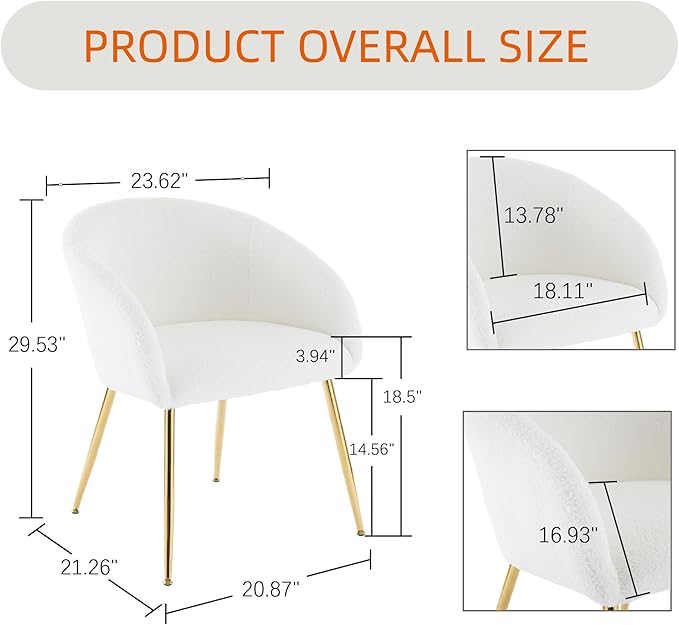 Modern Small Accent Chair Set of 4, Comfy Sherpa Makeup Vanity Chair with Golden Metal Legs, Decorative Dining Chair no Wheels for Living Room, Dressing Room, Bedroom, White