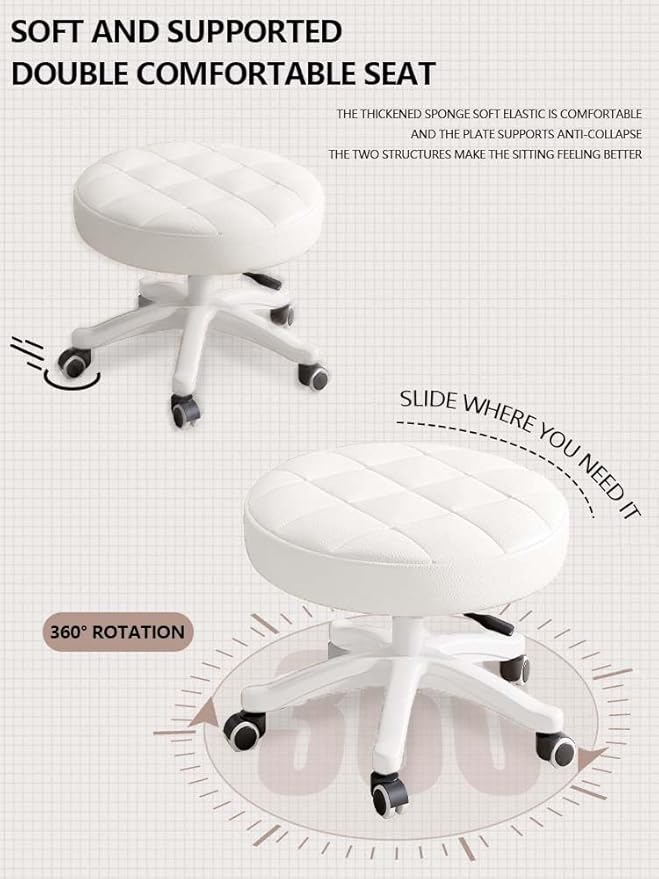 Small Chair Round Rolling Stool with Wheels PU Leather Height Adjustable Swivel Drafting Work SPA Salon Stools Home Office Chair,4 Pack