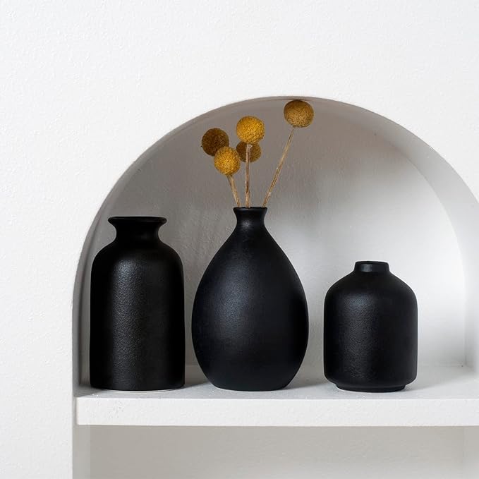Black Ceramic Vase Set of 4, Classic Matte Vases Home Decorations for Table Shelf Office Decor (Black)