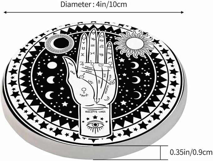 Fortune Teller Hand Coasters Set for Wood Table Palmistry Diagram Fate Mystic Occult Symbols Moon Star Sun Eye Tabletop Protection Mat for Mugs and Cups 4 Inch for Kitchen Office Home