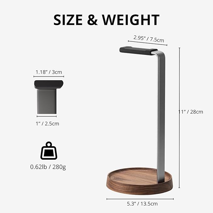 muso wood Walnut Headphone Stand, Universal Headset Stand with Storage Base, Wood Desktop Headphone Holder for Gaming Headset and Music Headset
