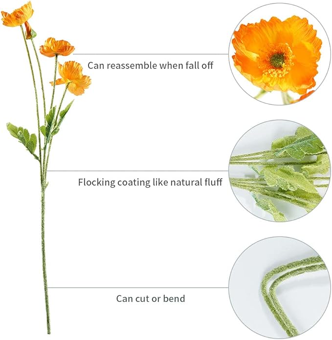 Artificial Poppy Flowers, 5 Bundles Faux Poppies with Stems for Floral Arrangements - Wedding, Home, Office, Party Table Centerpiece Decor (Orange)