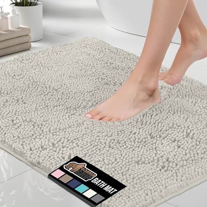 GORILLA GRIP Bath Rug Mat 30x20, Thick Absorbent Chenille, Quick Dry Microfiber Mats, Rubber Backing Washable Shower Floor Rugs, Bathmat Runner, US Designed Bathroom Home Decor Accessories Dusty Cloud