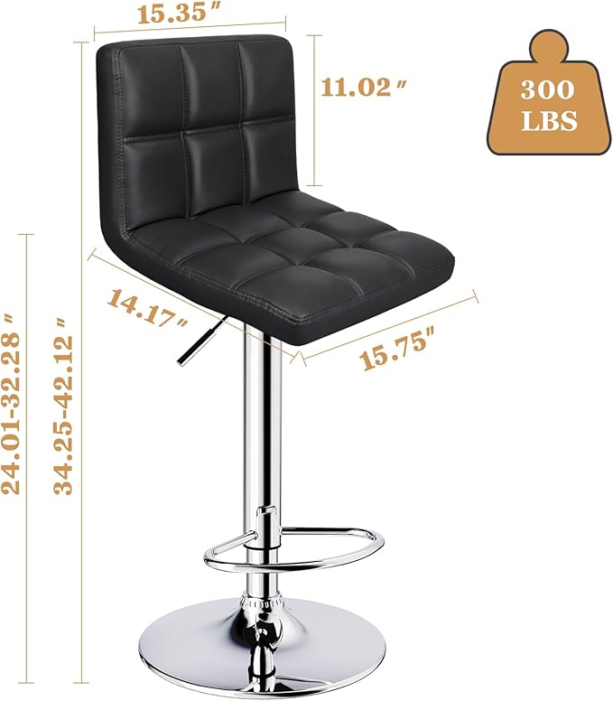 6-Squares Back with Double Needle Adjustable Bar Stools, Set of 2, Black