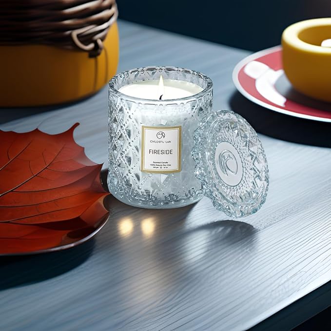 Chloefu LAN Smokey Fireside Scented Candle Gifts for Men Cashmeran Leather Candles for Home Scented, 55 Hours Long Burning, 8.1 Ounce Premium Soy Wax