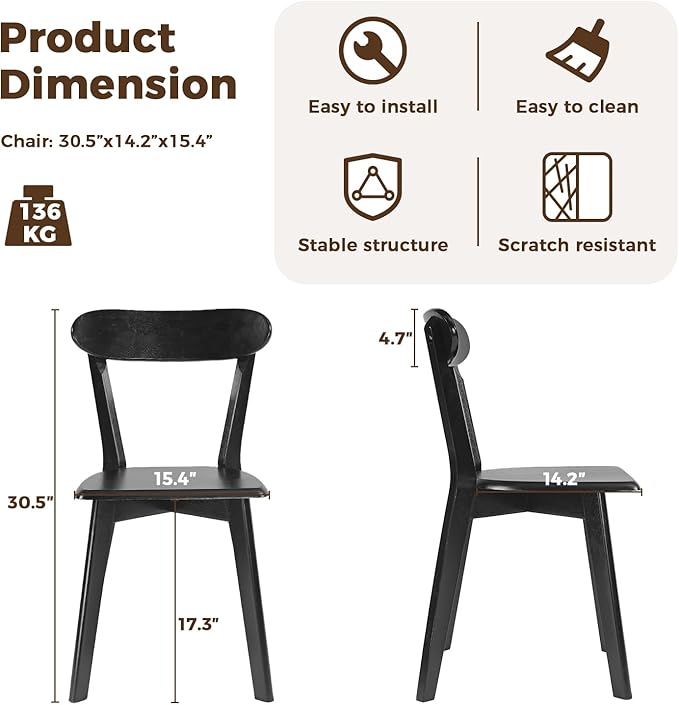 DELAVIN Soild Wood Dining Chairs Set of 6, Mid Century Oak Wood Kitchen Chairs, Vintage Dining Room Chairs Set Suitable for Kitchen, Black