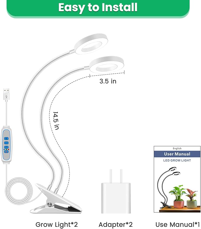 Wiaxulay Grow Light, Full Spectrum Halo Clip Plant Light, 192 LEDs Growing Lamp with Gooseneck, Auto Timer 6/12/16 Hrs, 3 Lighting Mode, 5 Brightness Levels for Seedlings Succulents, 2 Pack (3.5in)