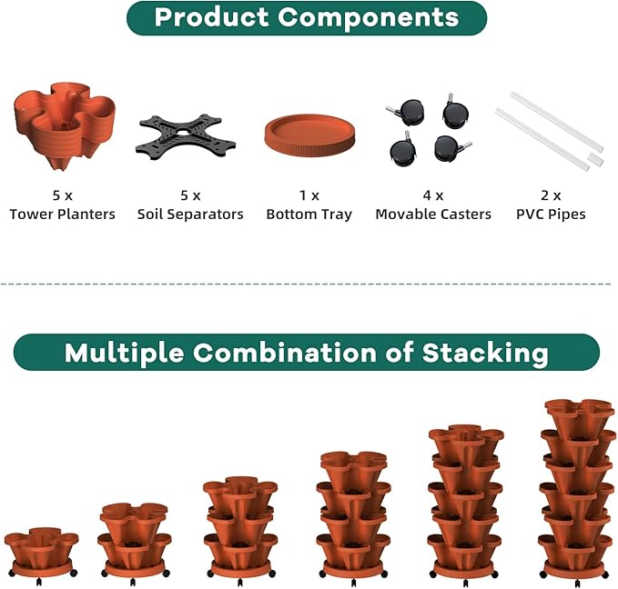 Strawberry Vertical Planter, 5 Tiered Stacking Garden Tower, Stackable Herb Vegetable Planters with Support Pole Indoor and Outdoor - Terra Cotta