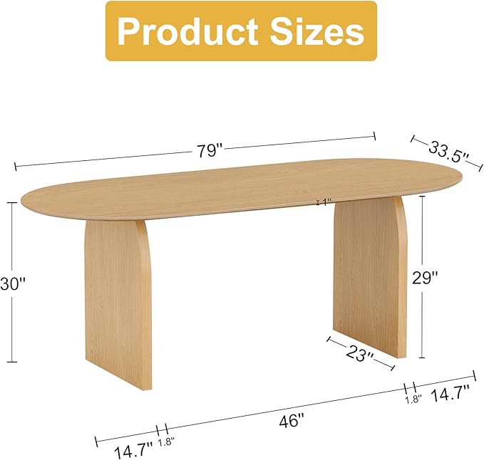 Casaphoria 79" Large Dining Table for 8, Wood Oval Living Room Table, Modern Farmhouse Kitchen Table with Scratch-Resistant Top & Wood Pedestal, Easy Assembly and Clean, Oak