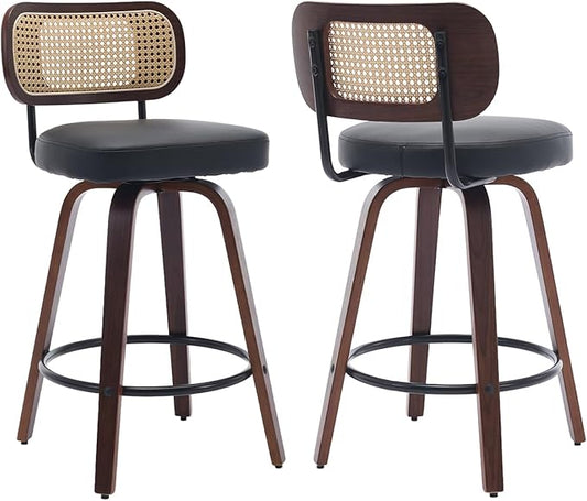 Swivel Counter Height Bar Stools Set of 2, 26 inch Bar Chairs with Curved Rattan Back, Upholstered PU Leather, Walnut Craftsmanship, Mid Century Modern Counter Stools for Kitchen Counter, Black