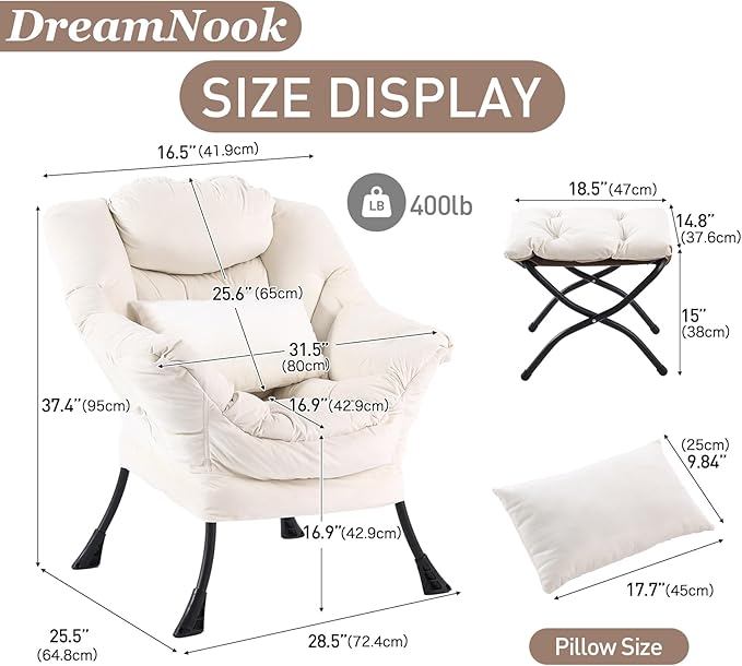 Lazy Chair with Ottoman, Modern Accent Chair with Lumbar Pillow, Comfy Chairs with Folding Footrest for Bedroom, Reading, Oversized Supportive Lounge Chairs(Velvet Beige)