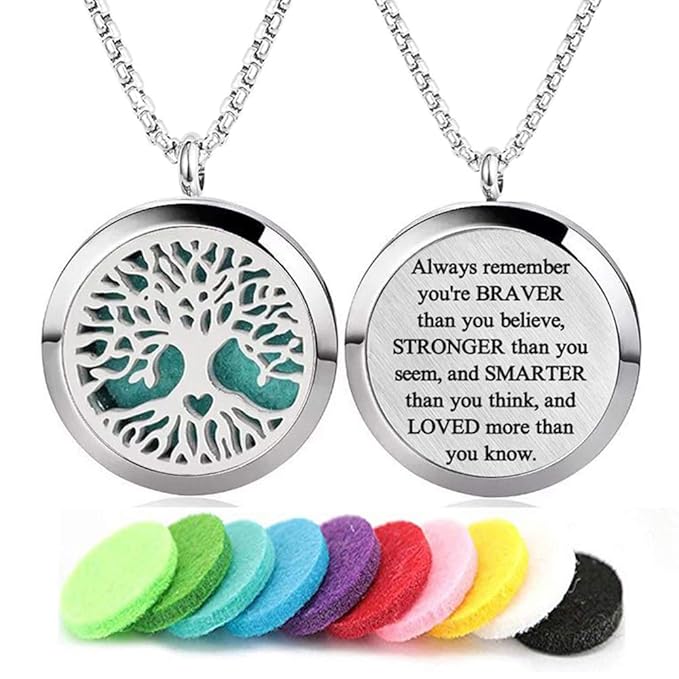 Aromatherapy Essential Oil Diffuser Necklace Stainless Steel lnspirational Locket Pendant(Tree of Life)