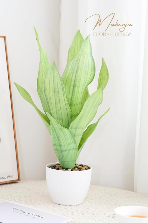 17" Artificial Snake Plant Potted,Fake Sansevieria Floor Plant Real Looking with White Planter for Centerpiece Home Decor (White&Green)
