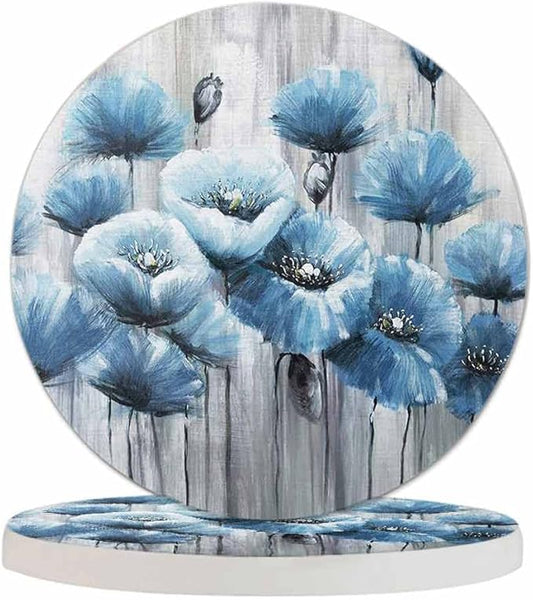 Blue Art Poppy Flowers Anti Slip Coasters Watercolor Oil Painting Beautiful Floral Cups Place Mats for Table Home Decor 4 Inches Living Room Kitchen Coffee Table,2 Pcs