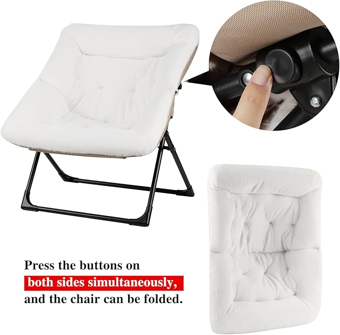 Comfy Saucer Chair for Adults, Soft Faux Fur Bedroom Chair with Ottoman, Accent Dorm Chairs, Living Room Reading Chairs and Footstool, Folding Lounge Seat for Teens, X-Large, White