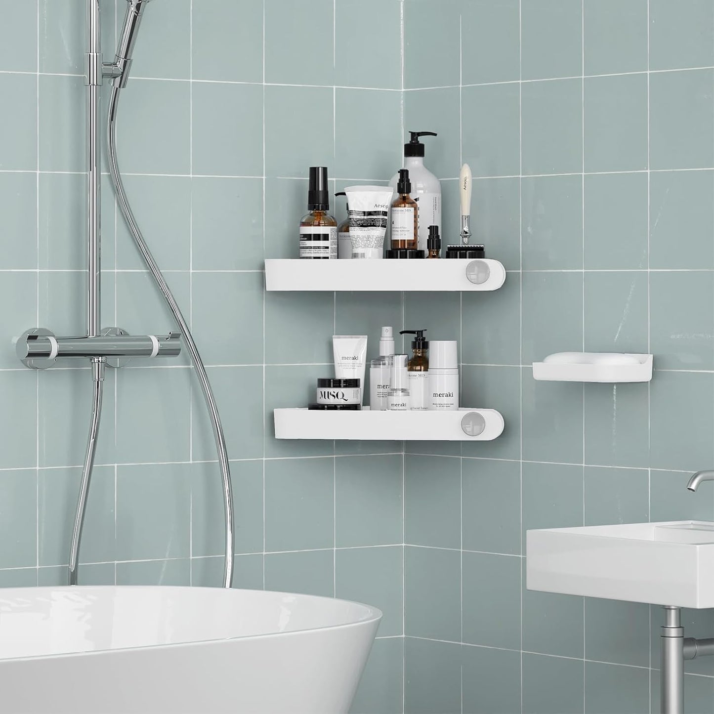 Sotfamily Shower Caddy Corner, Adhesive Corner Shower Shelves for Bathroom Organizers and Storage, Rust Free Plastic Rack for Bathroom Accessories & Decor, 2 Pack + Soap Dish, White
