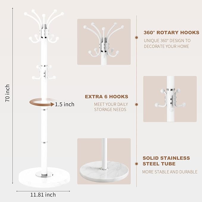 Modern Metal Coat Rack Stand, 360°Rotary Coat Rack Freestanding with Natural Marble Base, White Sturdy Coat Racks with 16 Hooks, Coat Racks Hall Tree Stand for Entryway (White)
