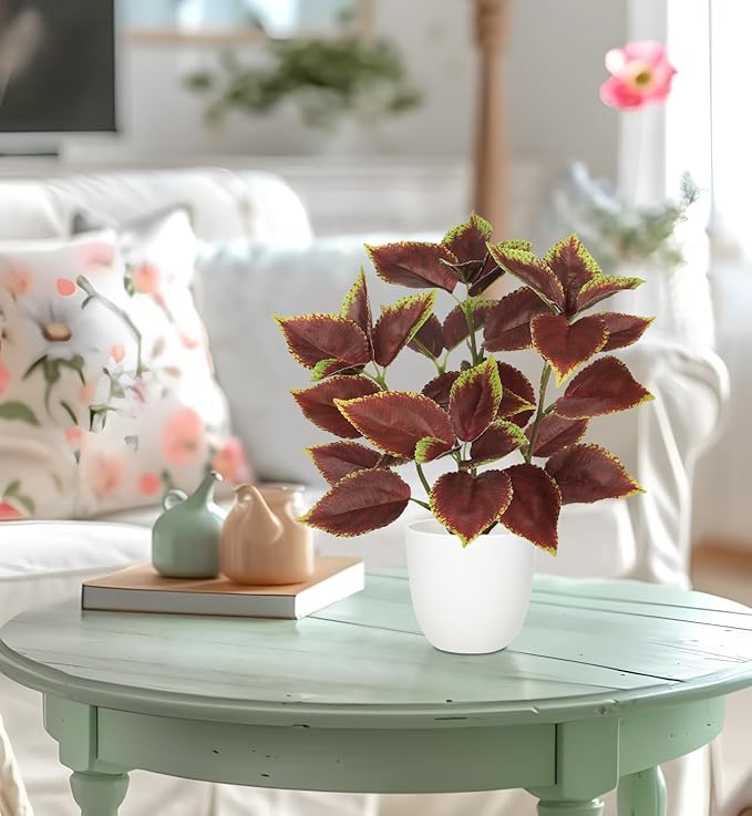 Artificial Plants Indoor 14.2" Small Fake Perilla Plant in Pot Potted Plants Artificial Decor Faux House Plant with White Pot for Farmhouse Home Office Bathroom Living Room Table Shelf Decor