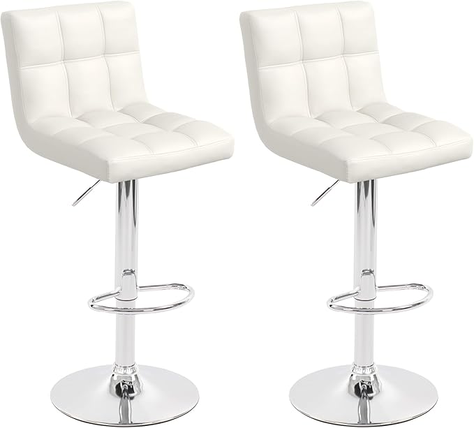 Modern Counter Height Bar Stools Set of 2, Armless Adjustable Swivel Square Bar Chairs Kitchen Barstools with PU Leather and Large Base for Dining Room/Island(White)