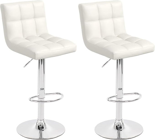 Modern Counter Height Bar Stools Set of 2, Armless Adjustable Swivel Square Bar Chairs Kitchen Barstools with PU Leather and Large Base for Dining Room/Island(White)
